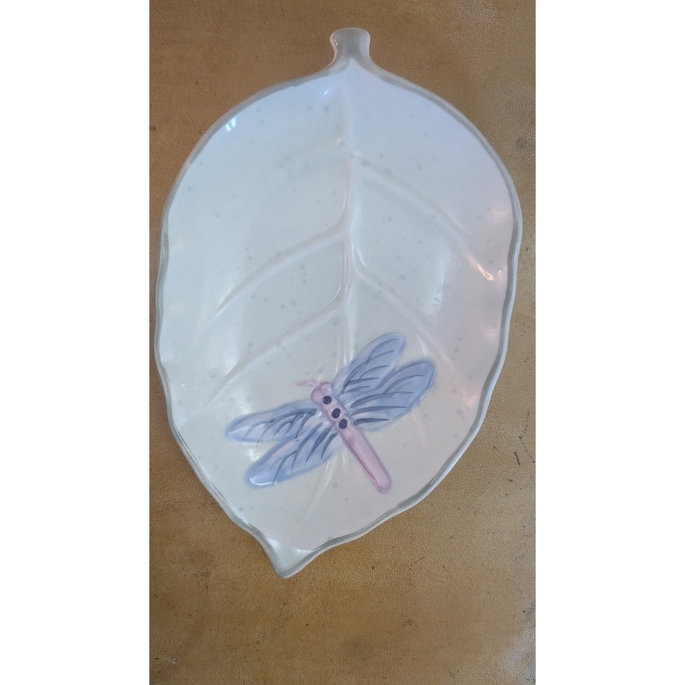 Dragonfly Leaf Trinket Tray Catch All Soap Dish Ceramic 7" Favorite Cottagecore
